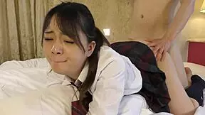 Uncensored Japanese 18-Year-Old Amateur Beauty in Uniform Gets Shaved Pussy Creampie Sex with Older Guy
