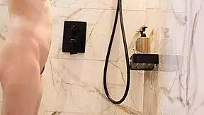 black hair japanese college girl bathes in shower showing legs