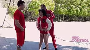 stepdaughter grips daddy's balls as cock fills her tight hole