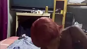 redhead black slut in dress sucks tiny boss cock at hostel