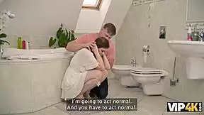 stepdad sneaks horny big tits gf into locked bathroom for sneaky fuck 😏🔒