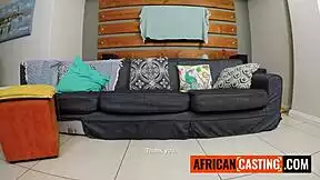 SKINNY BLACK MILF GAGS ON BIG WHITE COCK IN FAKE INTERVIEW!