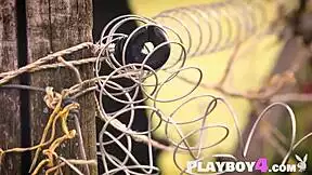 Petite blonde Zazie strips small tits bare outdoors