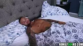 Stepdaughters spot stepdad's morning wood and jump in to help him out with it