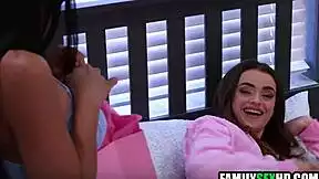 Stepdaughters spot stepdad's morning wood and jump in to help him out with it