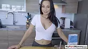 busty stepmom sneaks kitchen blowjob on stepson's monster cock
