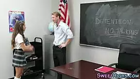 uniformed college teen gulps down jizz in classroom