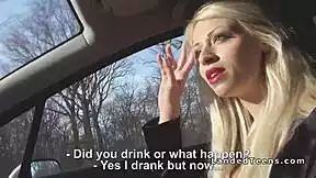 blonde hitchhiker with red lips drops to knees sucking cock in french car pov