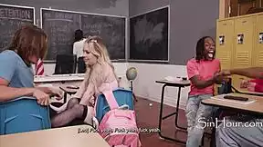 Students gangbang blonde classmate rough double penetration interracial on classroom bench?