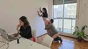 Picture this: I pound her juicy shaved pussy doggystyle while her boyfriend watches from his computer