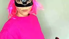 Maid in lingerie gropes her big natural tits and rides dildo on bed