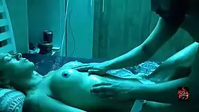 skinny brunette milf gets tantric massage on bed with narrow ass and short hair