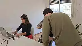 Picture this: I pound her juicy shaved pussy doggystyle while her boyfriend watches from his computer