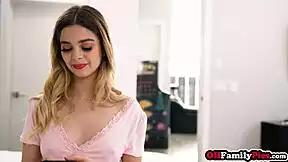 aww sad little stepsis crying on bed till stepbro's big cock cheers her up rough