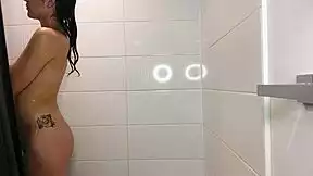 Petite Latina Nadia Angel's Shaved Pussy Lotion in Shower