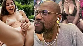 watch tiny trans cock girl explode cum all over her body dripping down bald pussy!