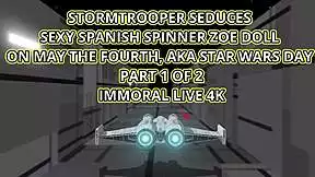 stormtrooper spots sexy spanish zoe doll with her big ass and natural tits, seduces her into rimjob and vibrator play on star wars day