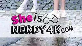 guy spots nerdy ponytail chick walking around college campus