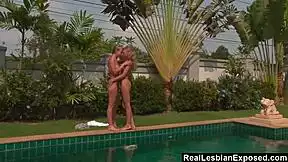 two hot lesbian teens lick shaved pussies by the pool this afternoon