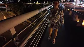 damn luscious hairy milf's huge natural tits bounce braless on bridge with no panties flashing beaver?