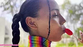 SKINNY VIOLETA GREY LOLLIPOP TEASES TO DEEPTHROAT then POUNDED OILED PIGTAILS POOL