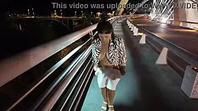 damn luscious hairy milf's huge natural tits bounce braless on bridge with no panties flashing beaver?