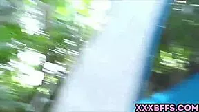 Three slutty teens bend over for outdoor camping doggystyle gangbang