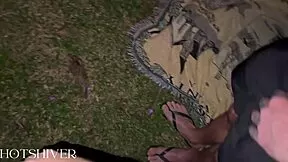 redhead and blonde big tits orgy kissing outdoors in forest night