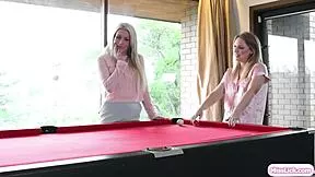 Busty lesbian wives finger lick scissor suck pussies on pool table cunilingus kissing