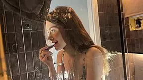 petite college cheerleader lifts miniskirt in bathroom shows thong pussy voyeur