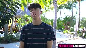 Stepmom sneaks peek at stepson's throbbing cock outdoors!