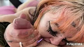 tattooed bbw deedee squeezes cock between huge pierced tits for sloppy handjob and blowjob