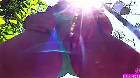 sugar baby in bikini flashes her skinny legs and narrow ass for neighbors outdoors