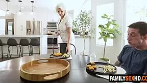 yo my hot stepmom grabs my cock for a deepthroat handjob while stepdad's away at work