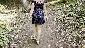 a russian stranger in miniskirt hikes forest skirt for stranger's outdoor creampie