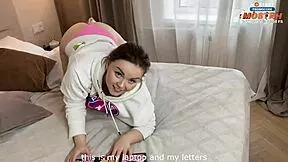 Young brunette slips pink panties aside, rides cock hard, takes creampie inside