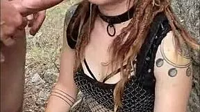 redhead nerd drools sloppy on big cock teasing with hairy pussy at festival party