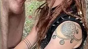 redhead nerd drools sloppy on big cock teasing with hairy pussy at festival party