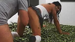 he shoves monster cock up pigtail mexican shemale's ass til she gapes and leaks cum