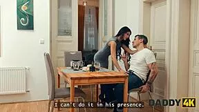 daddy4k hot brunette gf cheats quietly with old guy while boyfriend watches tv stockings heels