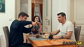 daddy4k hot brunette gf cheats quietly with old guy while boyfriend watches tv stockings heels