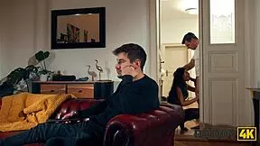 daddy4k hot brunette gf cheats quietly with old guy while boyfriend watches tv stockings heels