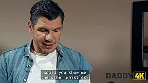 daddy4k hot brunette gf cheats quietly with old guy while boyfriend watches tv stockings heels