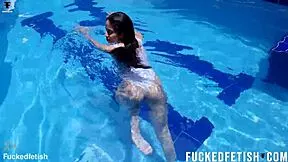 Sexy Helen Star Drenches Big Natural Tits In White Swimwear Pool Play!
