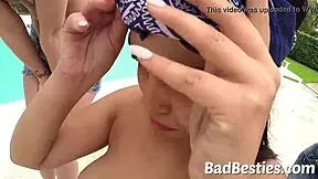 sorority teens tease and lick massive boobs of blindfolded pledge at party