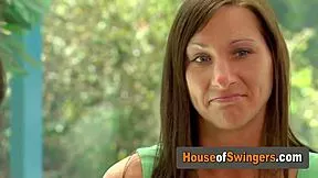 Swinger babes grope plump tits teasingly amid pool party swingers' heat