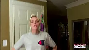 skinny blonde sassy strips naked rubs her small tits and hard cock 😏💦