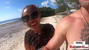 petite thai teen cherry rides big white cock pov on sunny beach as skinny amateur gets outdoor pounding
