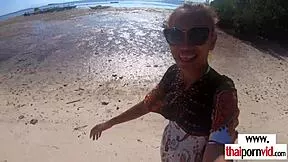 petite thai teen cherry rides big white cock pov on sunny beach as skinny amateur gets outdoor pounding
