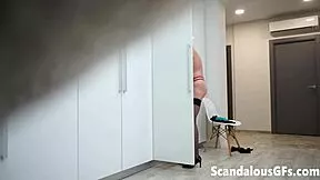 Busty blonde in stockings rips clothes teases shaved pussy on hidden cam